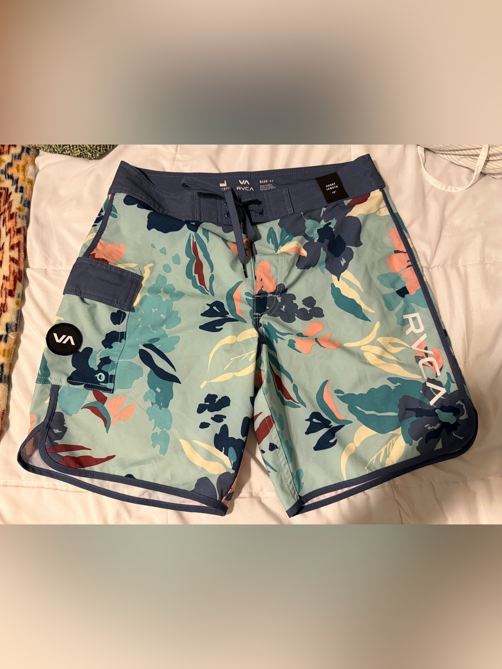 RVCA Men’s Teal Floral Board Shorts with Navy Trim